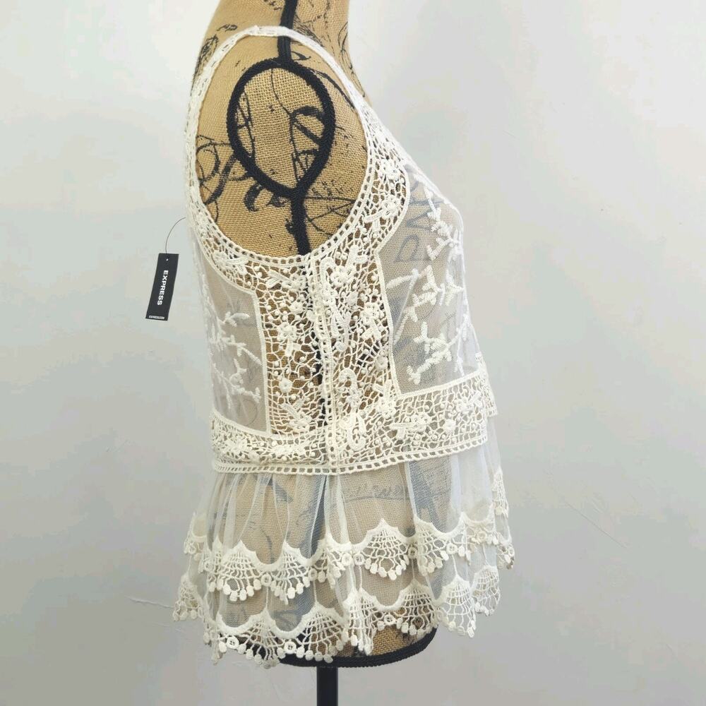 Express Top S Ivory Lace Mesh Peplum Sleeveless Boho Festival Coastal Fairycore - Picture 4 of 9